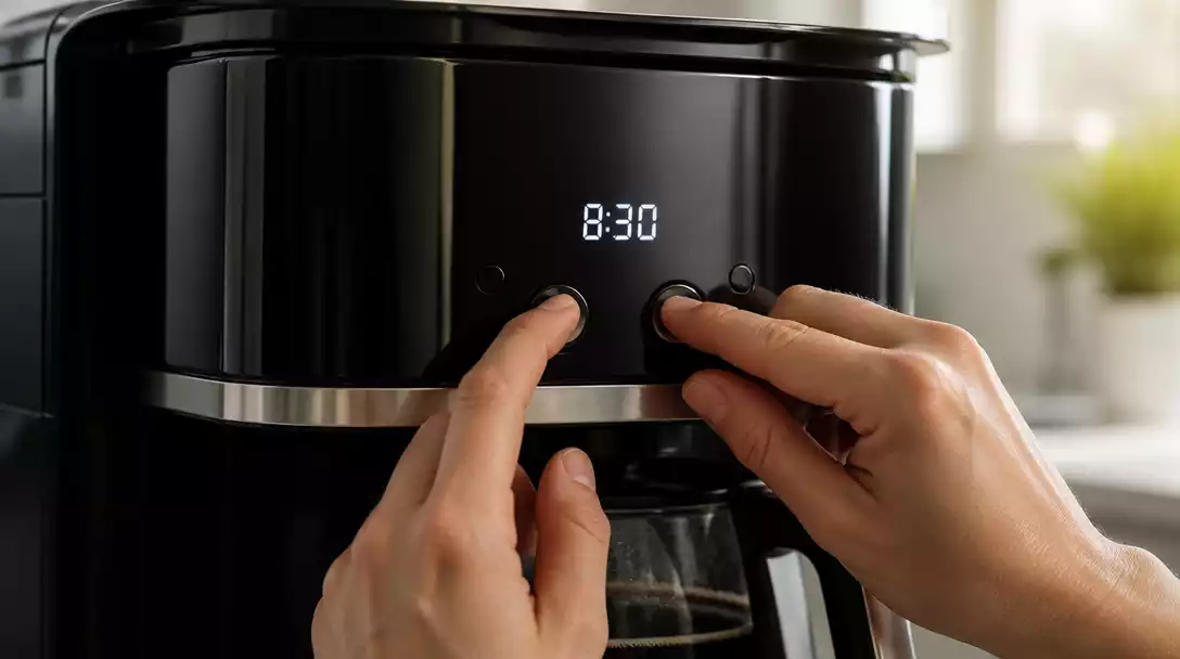 Close-up of a Ninja coffee maker's control panel with a glowing digital clock display