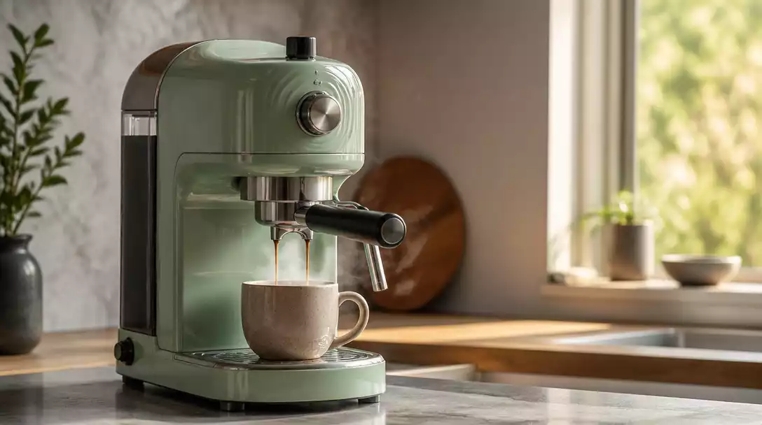 Amaste Coffee Maker with retro design on a kitchen counter, brewing coffee
