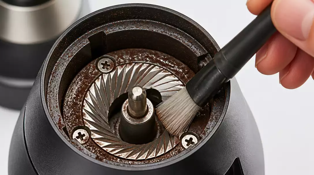 Close-up of a burr coffee grinder being cleaned with a small brush, showing coffee grounds residue, bright studio lighting, no text, no words, no typography, no labels, clean image