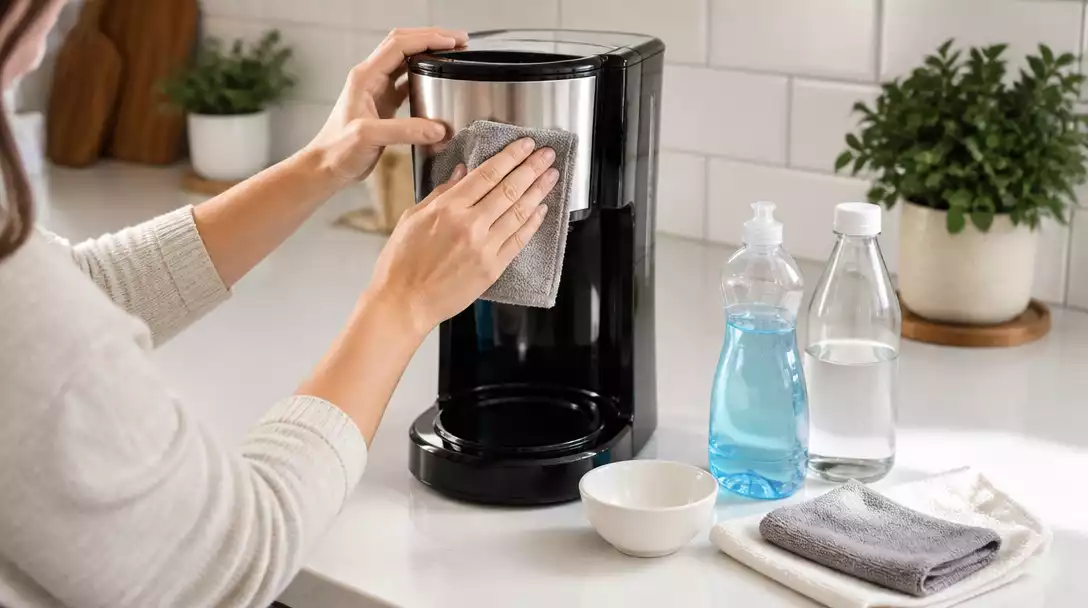 Person cleaning a Bunn coffee maker with cleaning supplies on a countertop