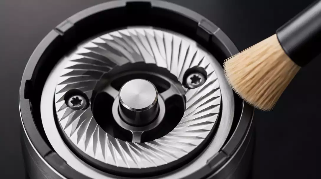 Close-up of a clean OXO coffee grinder burr, shining and free of coffee residue, with a soft brush nearby, no text, no words, no typography, no labels, clean image