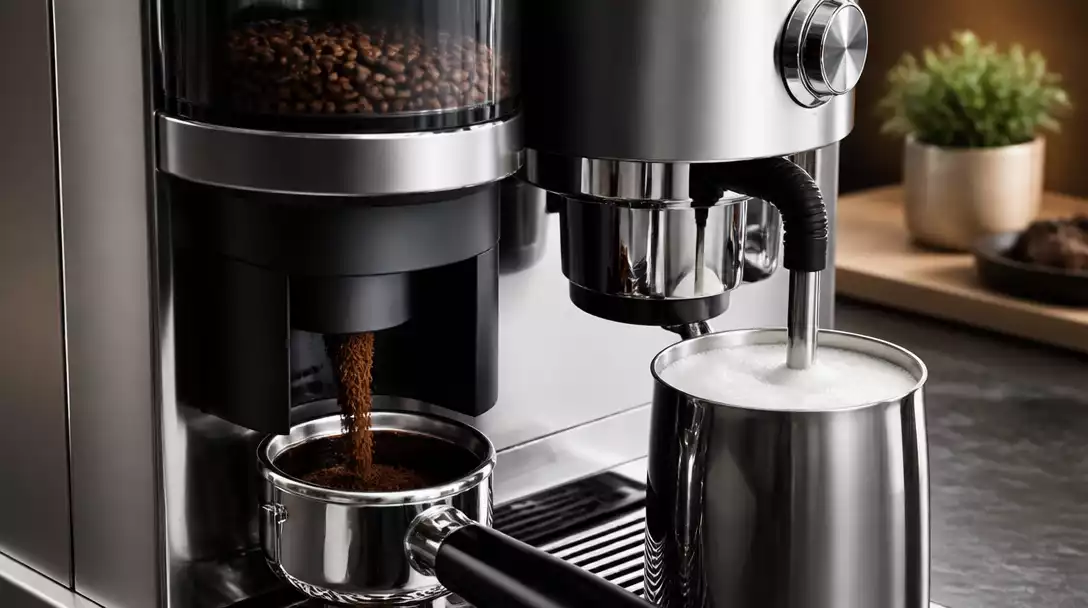 Close-up of a De'Longhi espresso machine displaying its integrated grinder and milk frother in action