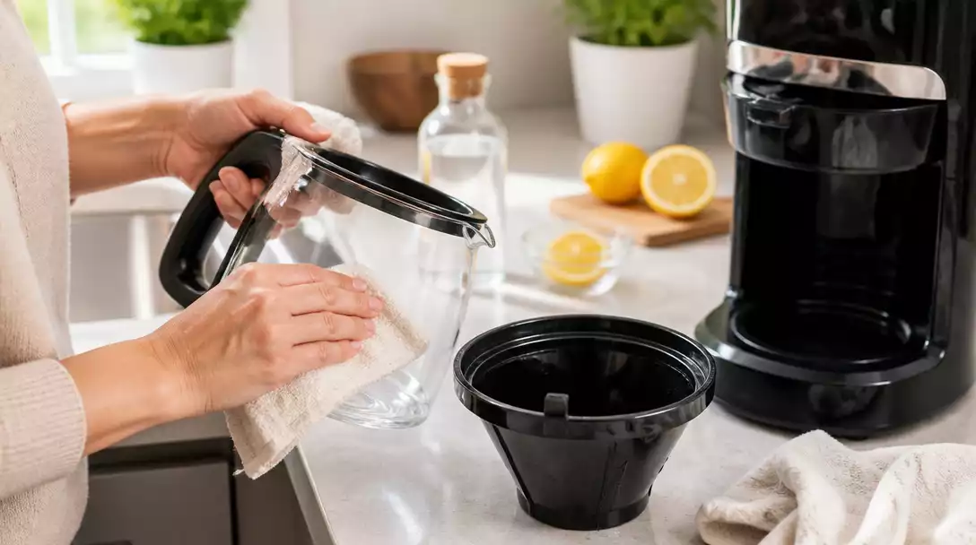 Person cleaning a Farberware coffee maker with natural cleaning solutions