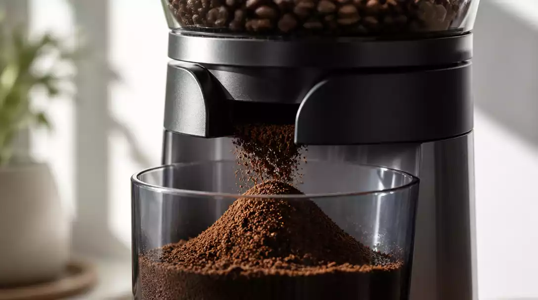 Close-up of a high-quality OXO conical burr coffee grinder in action, grinding fresh coffee beans into a consistent, fine powder, with natural light, no text, no words, no typography, no labels, clean image