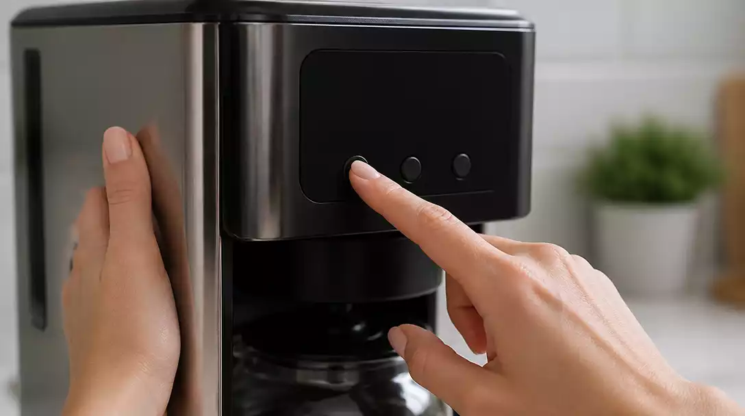 Person's hands performing a reset on a coffee machine's control panel