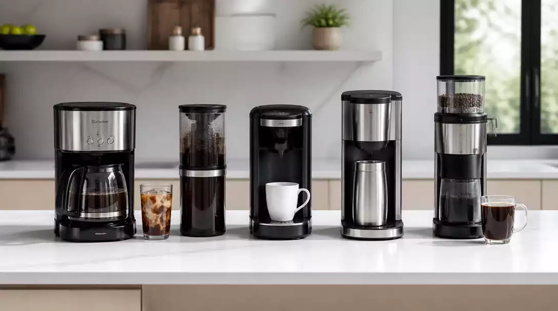 Various Bella coffee maker models displayed in a clean, modern kitchen setting