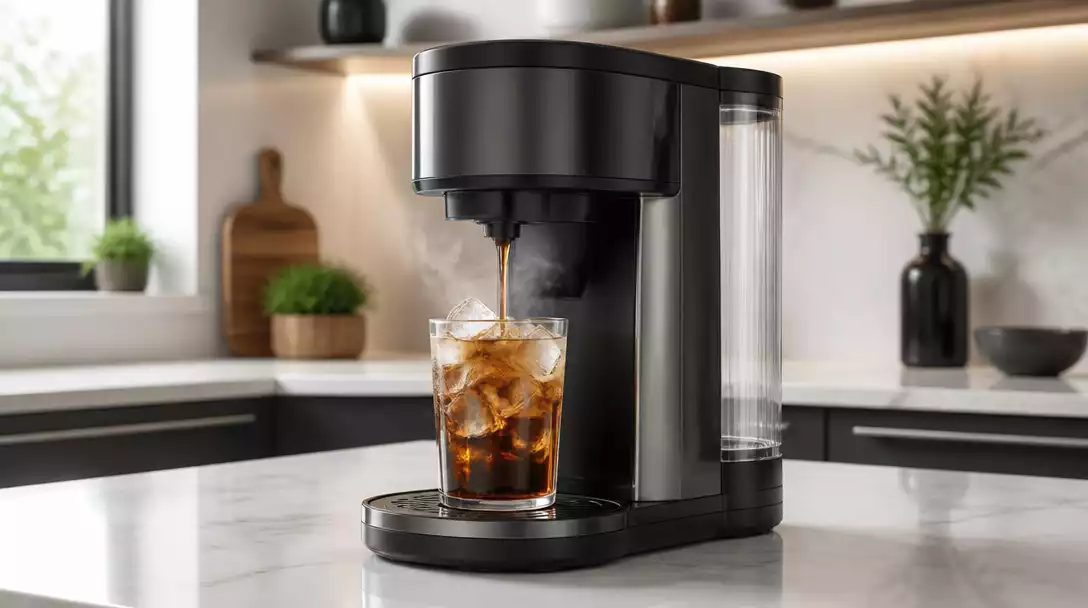 Ninja Coffee Maker brewing iced coffee into a glass with ice