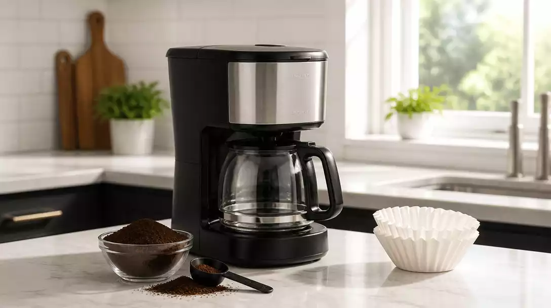 Hamilton Beach Coffee Maker with fresh coffee grounds and filters, ready for brewing