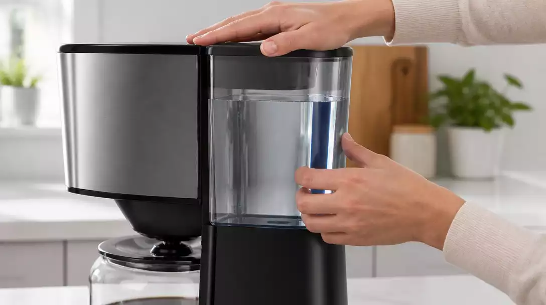 Close-up of hands checking a Shardor coffee maker's water reservoir