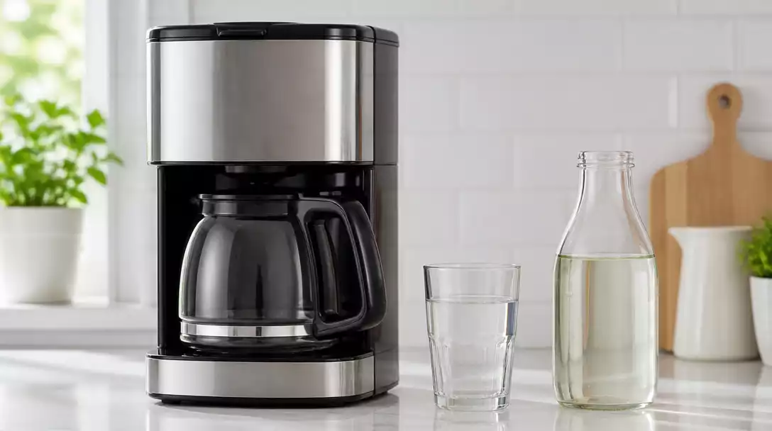 Cuisinart coffee maker next to a glass of filtered water and a bottle of white vinegar, clean and bright setting, no text, no words, no typography, no labels, clean image