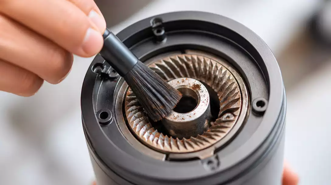 Close-up of a hand using a small brush to clean coffee burrs, showing coffee grounds and oils being removed