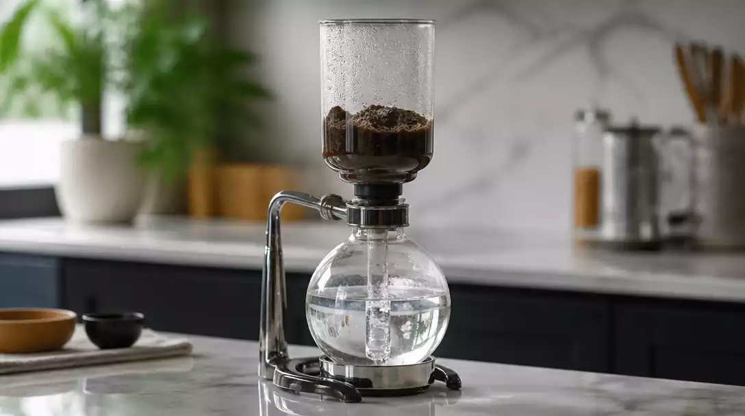 Modern vacuum coffee maker in action, showing water rising to the upper chamber