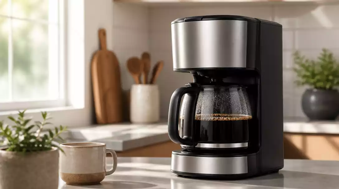 Modern Farberware coffee maker brewing coffee in a kitchen, natural light, no text, no words, no typography, no labels, clean image