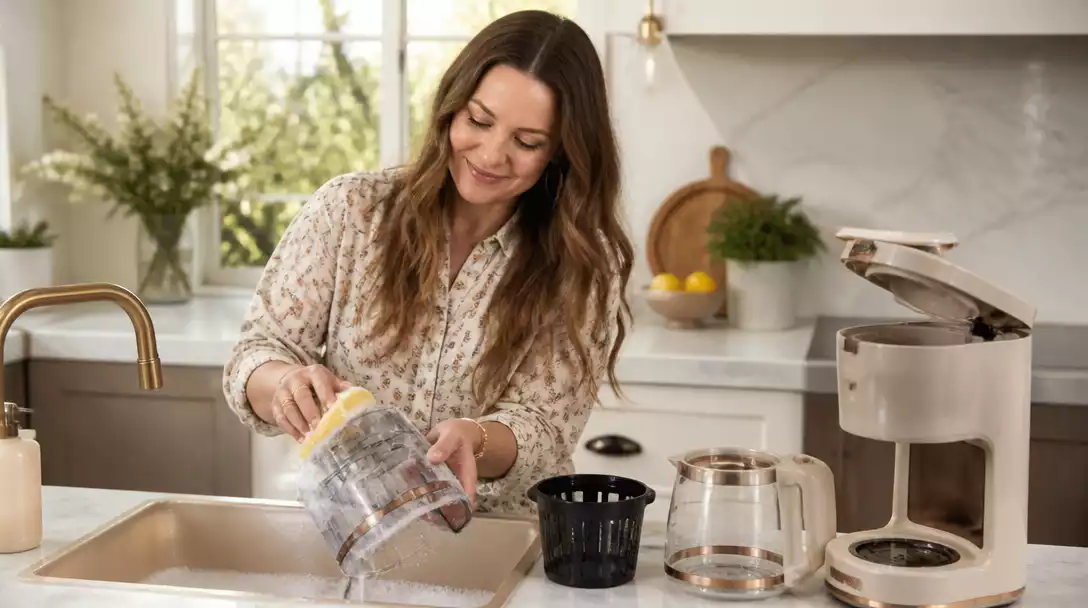 Person cleaning a Drew Barrymore coffee maker, focusing on removable parts