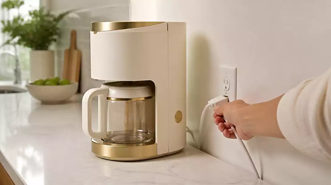 Drew Barrymore coffee maker with a user performing a soft reset