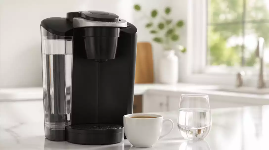 Keurig coffee maker with a cup of coffee and a filter, showing clean water