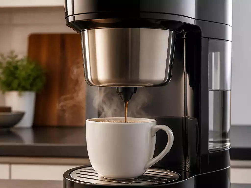 Close-up of a KitchenAid coffee maker actively brewing coffee, steam rising, a fresh cup beneath, in a modern kitchen setting, no text, no words, no typography, no labels, clean image