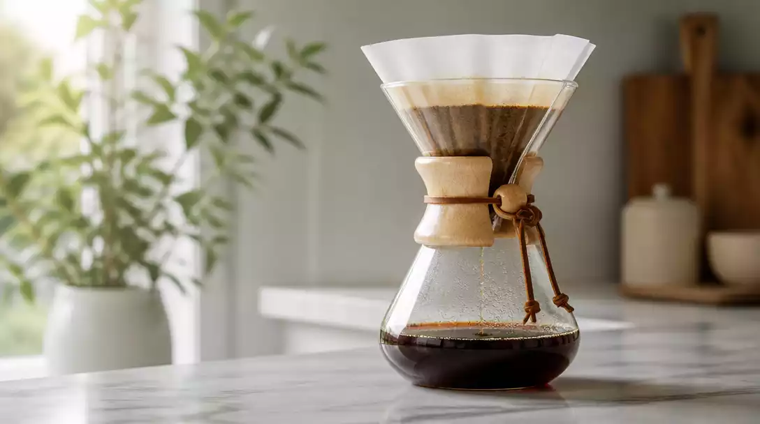 Elegant Chemex coffee maker brewing coffee on a clean kitchen counter
