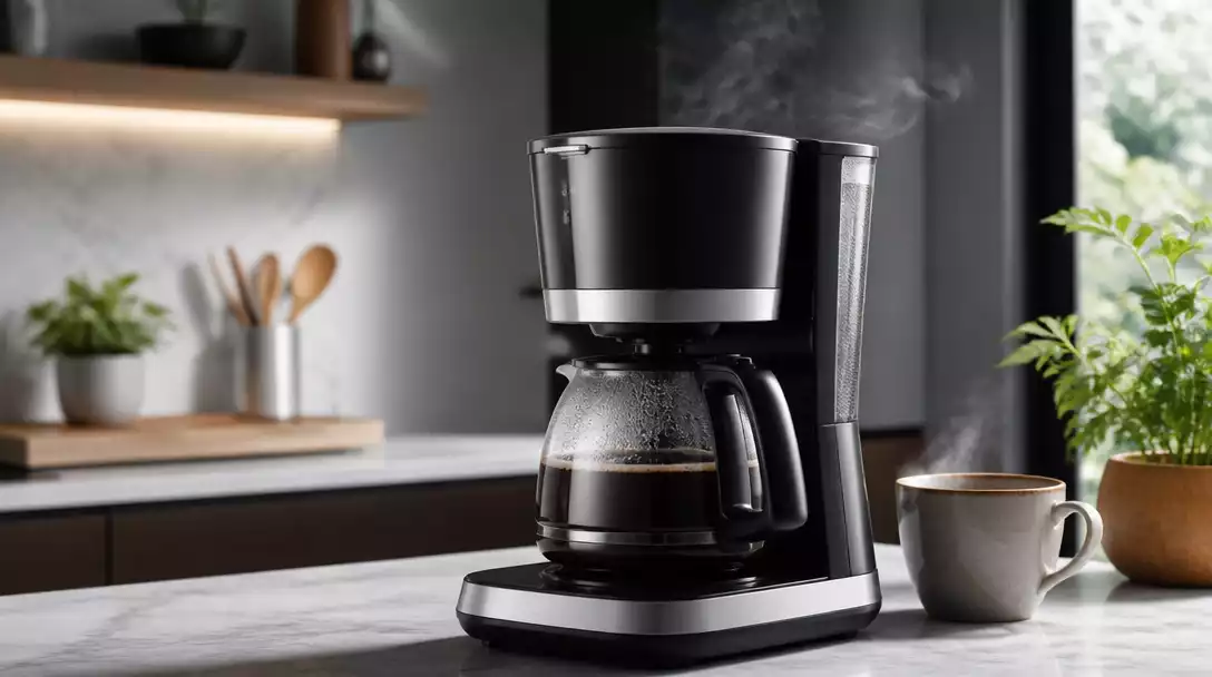 Modern Krups coffee maker brewing coffee in a kitchen setting