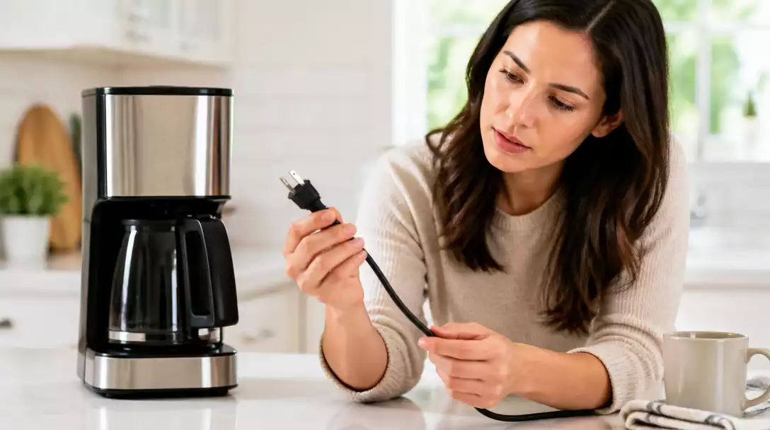 Person inspecting a Cuisinart coffee maker's power cord for damage