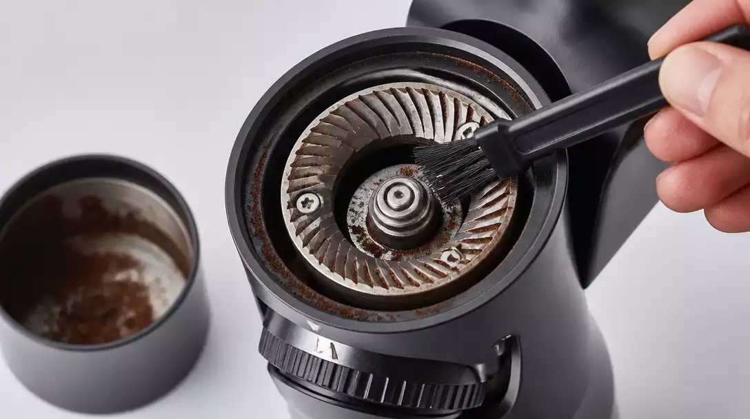 Close-up of a coffee grinder being cleaned with a brush, showing removed coffee grounds and oils