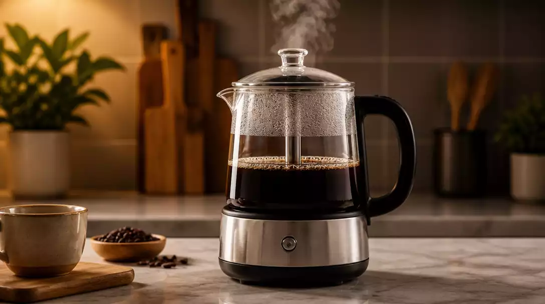 Modern percolator coffee maker brewing coffee on a kitchen counter