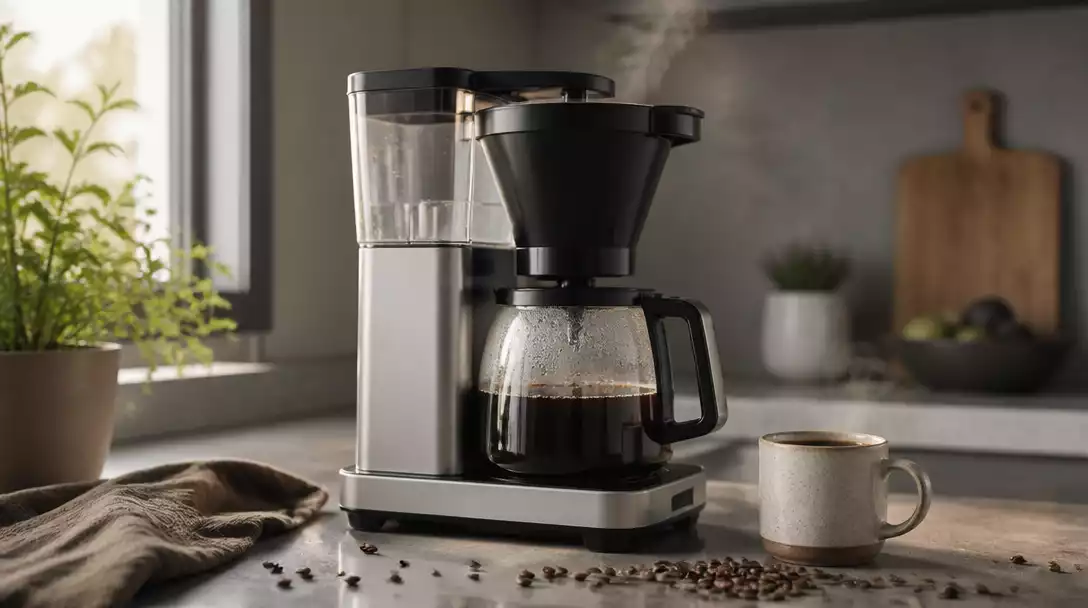 Moccamaster coffee maker brewing on a kitchen counter with steam, coffee beans, and a cup of coffee