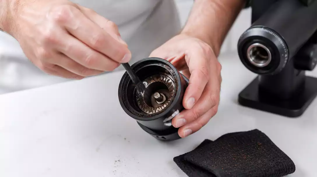 Person cleaning a coffee grinder with a small brush
