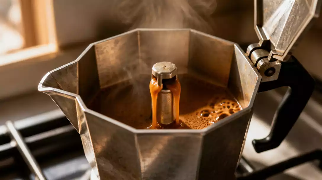 Close-up of a Moka pot brewing Cuban coffee on a stovetop, steam rising, rich coffee pouring into the upper chamber, natural light, warm tones