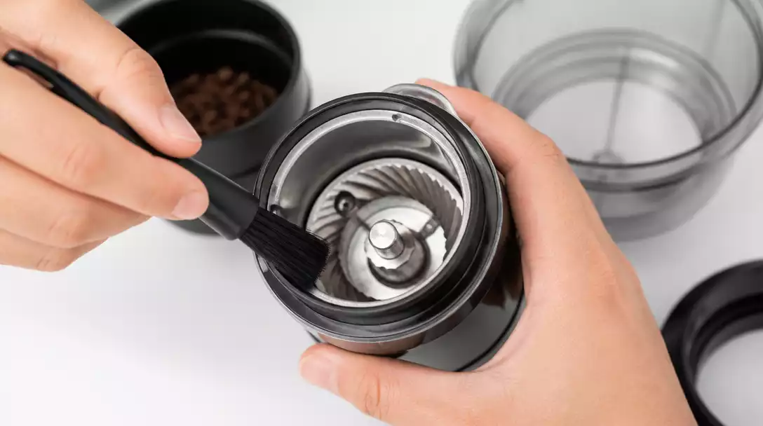 Person cleaning a Mueller coffee grinder with a brush, showing clean burrs