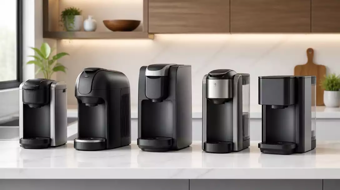 Variety of FLAVIA coffee maker models displayed on a countertop