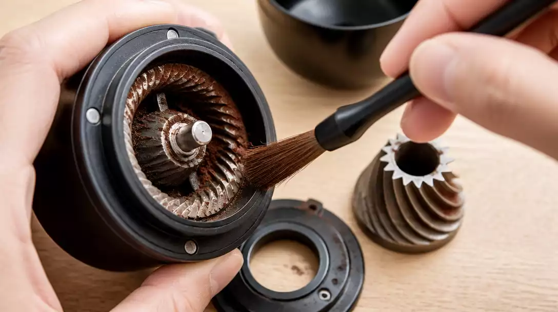 Close-up of a disassembled Hario coffee grinder's burrs being cleaned with a small brush, showing coffee residue being removed, no text, no words, no typography, no labels, clean image