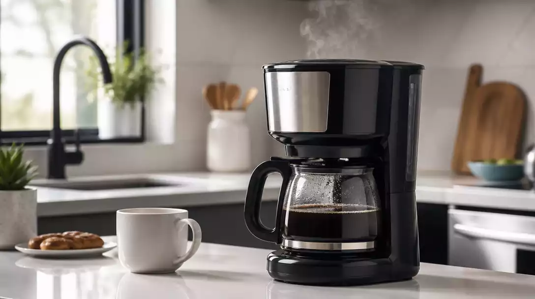 Modern Black and Decker coffee maker brewing fresh coffee on a kitchen counter