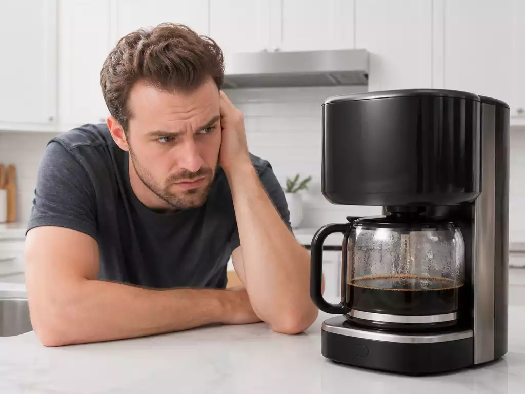 Braun coffee maker brewing slowly with a person looking at it, showing frustration