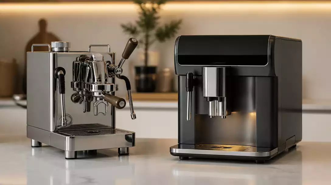 Side-by-side comparison of a manual and automatic espresso machine