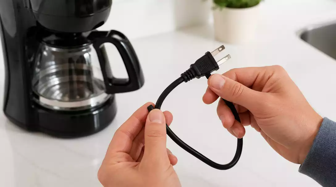 Person inspecting a coffee maker's power cord for damage