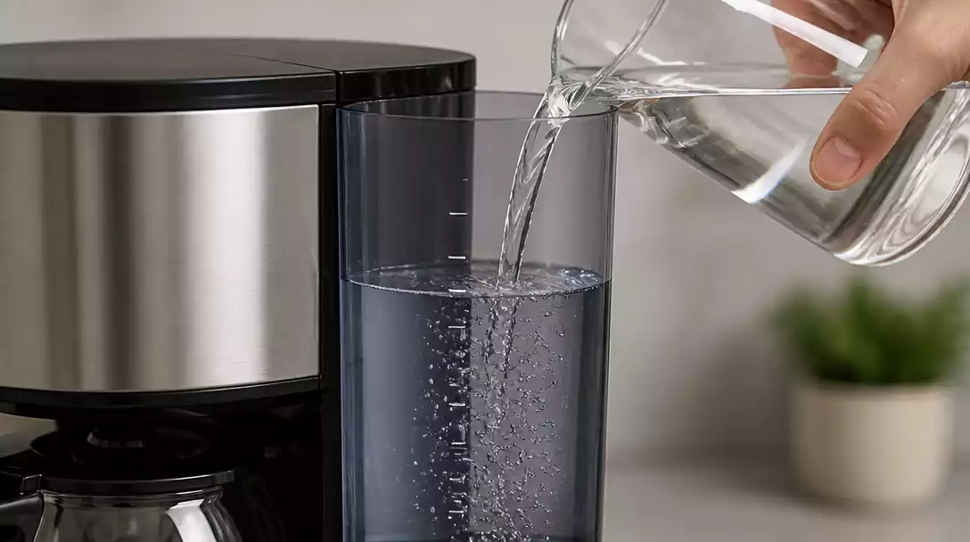 Close-up of a Braun coffee maker's water reservoir being filled, showing clear water level indicators and a hand pouring water