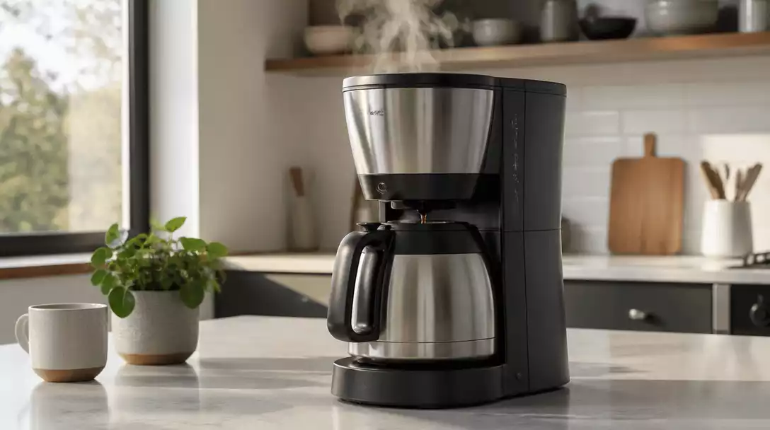 Newco coffee maker brewing coffee on a kitchen counter