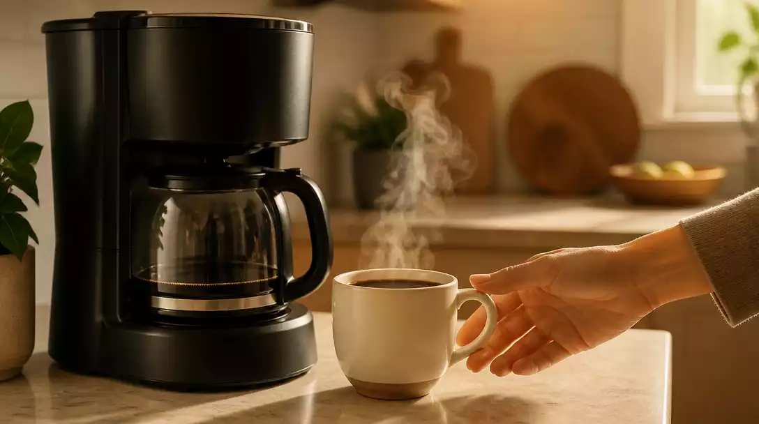 Mr. Coffee machine with steam rising from a freshly brewed cup