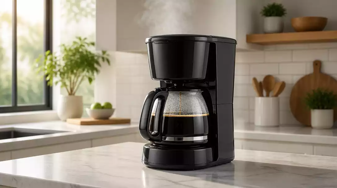 Toastmaster 10-cup coffee maker brewing coffee in a modern kitchen