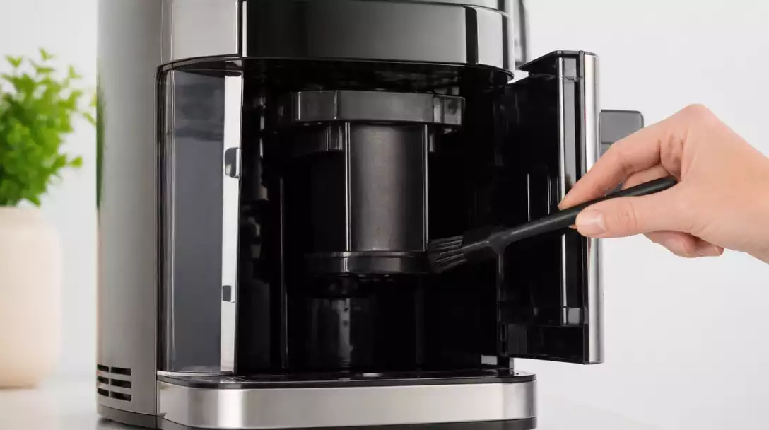 De'Longhi coffee maker being cleaned with a brush